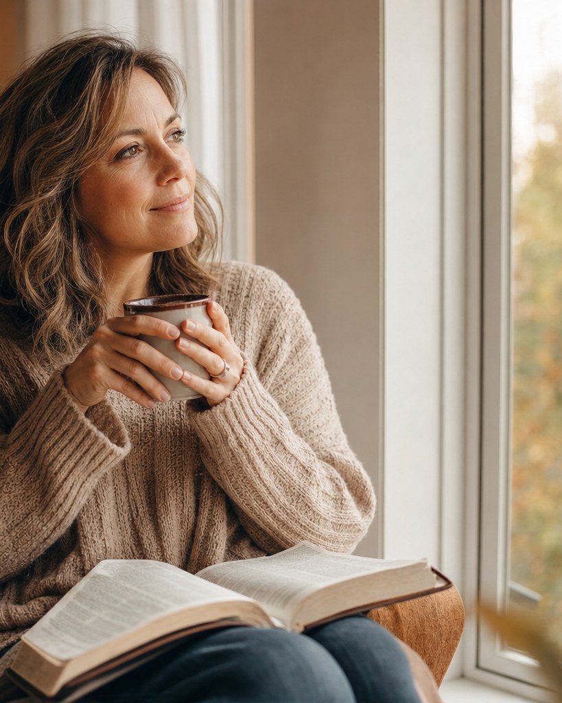 A person sitting by a window in soft morning light with a cup of coffee and an open journal