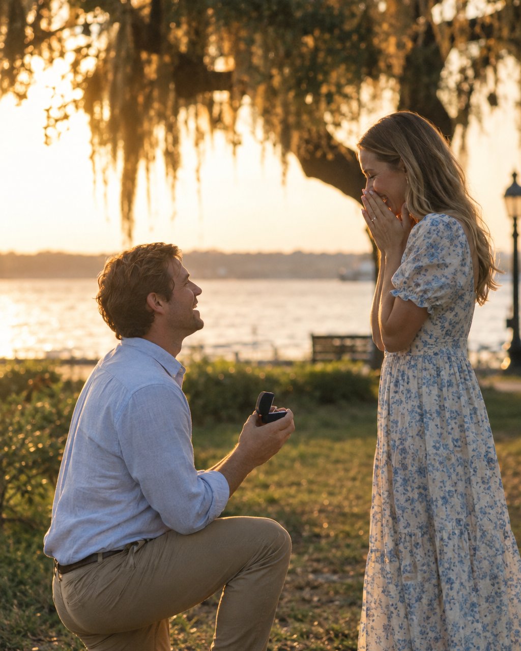 A man on one knee proposing to a joyful woman beneath a live oak by the water