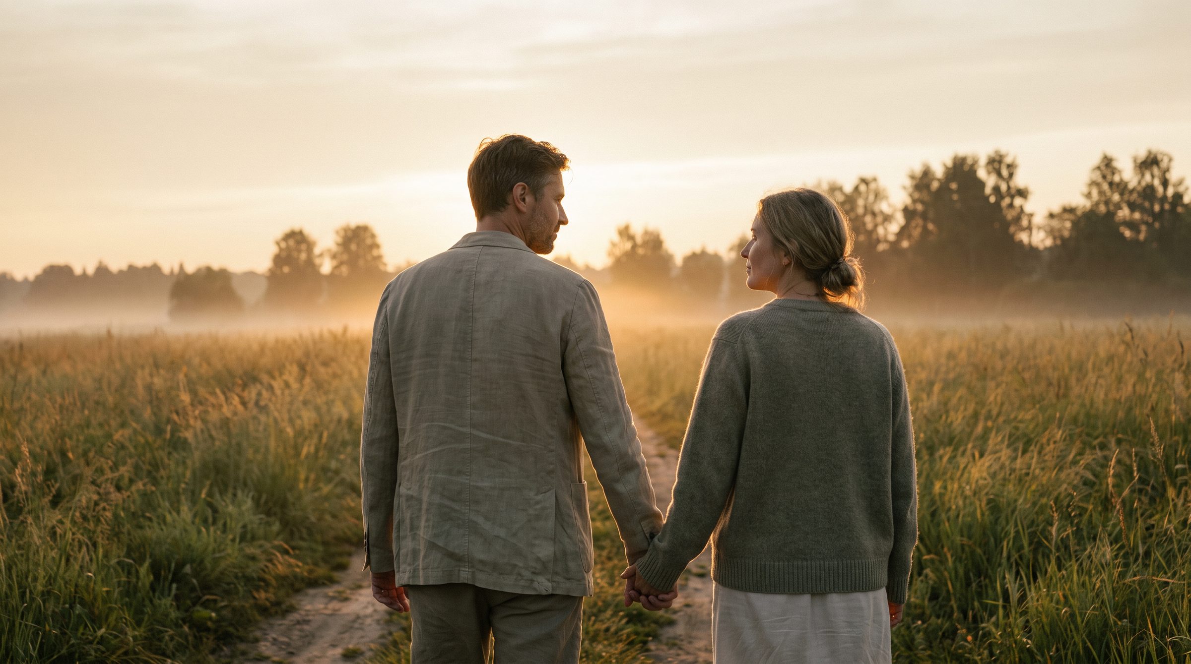 A husband and wife walking together along a quiet path at golden hour