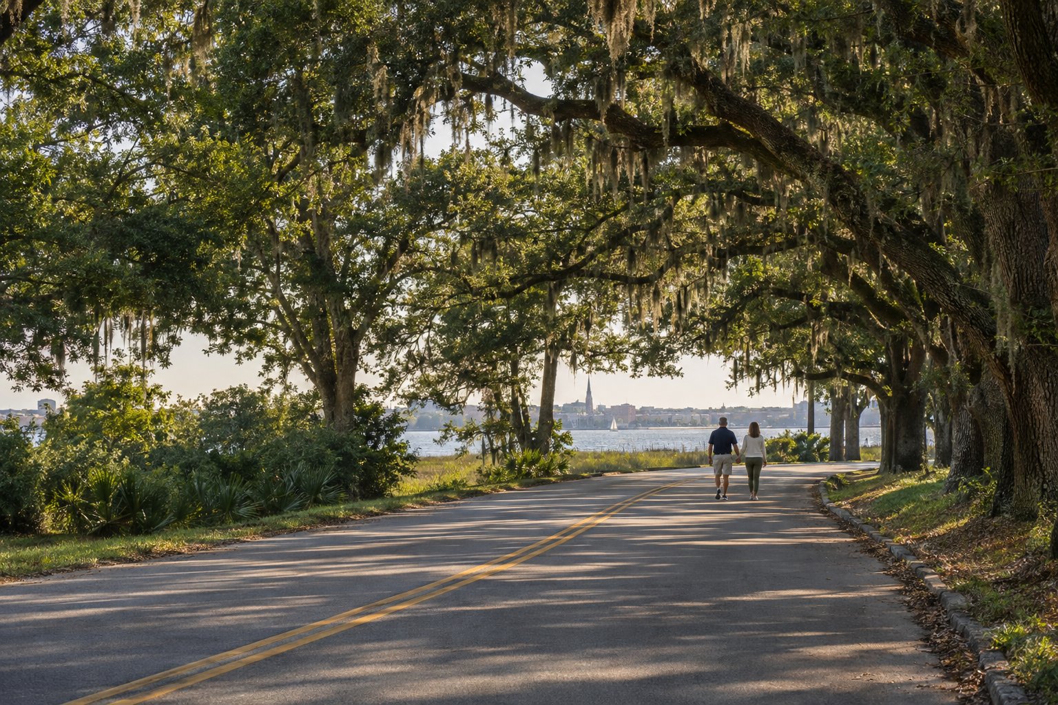 A couple walking hand in hand down a road lined with live oaks toward the Charleston harbor
