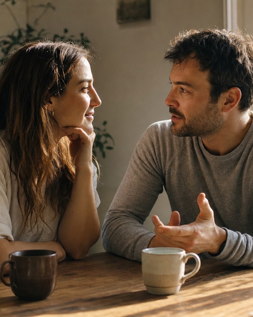 A married couple sitting together at a table in warm conversation, coffee mugs between them