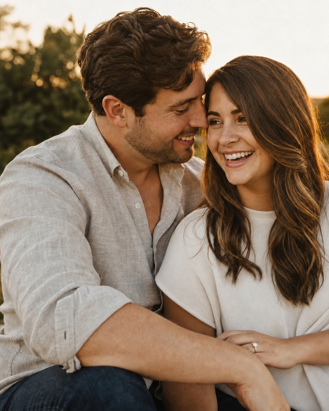 A joyful engaged couple sitting closely together outdoors at golden hour