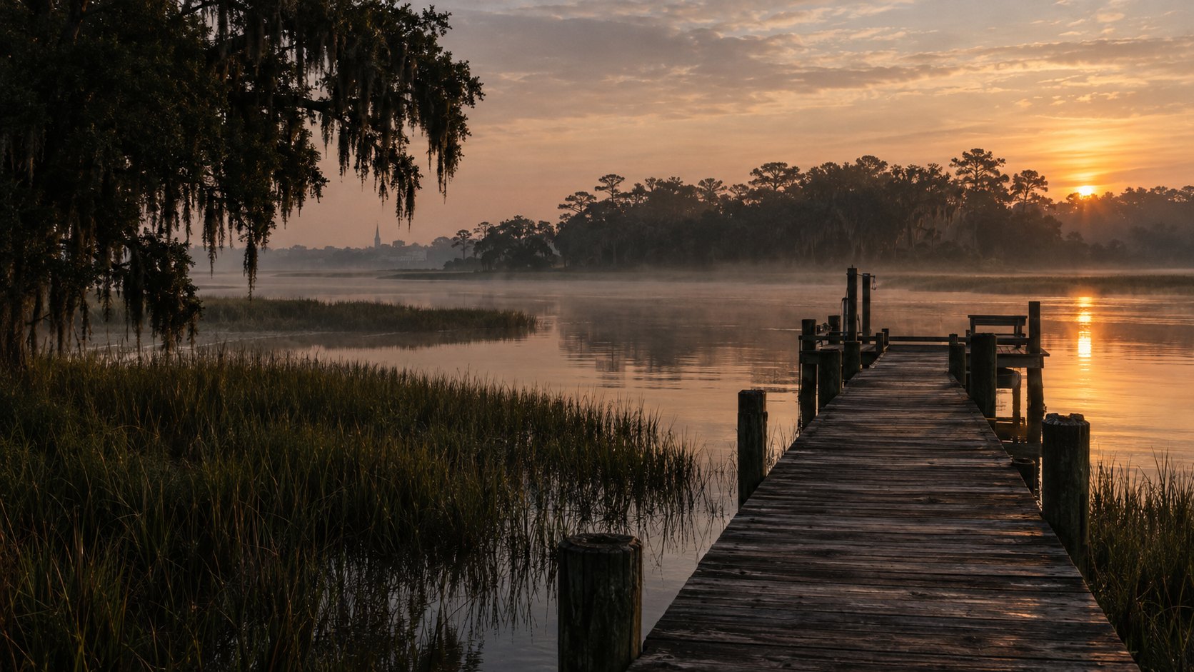A dock over the Charleston marsh at sunrise