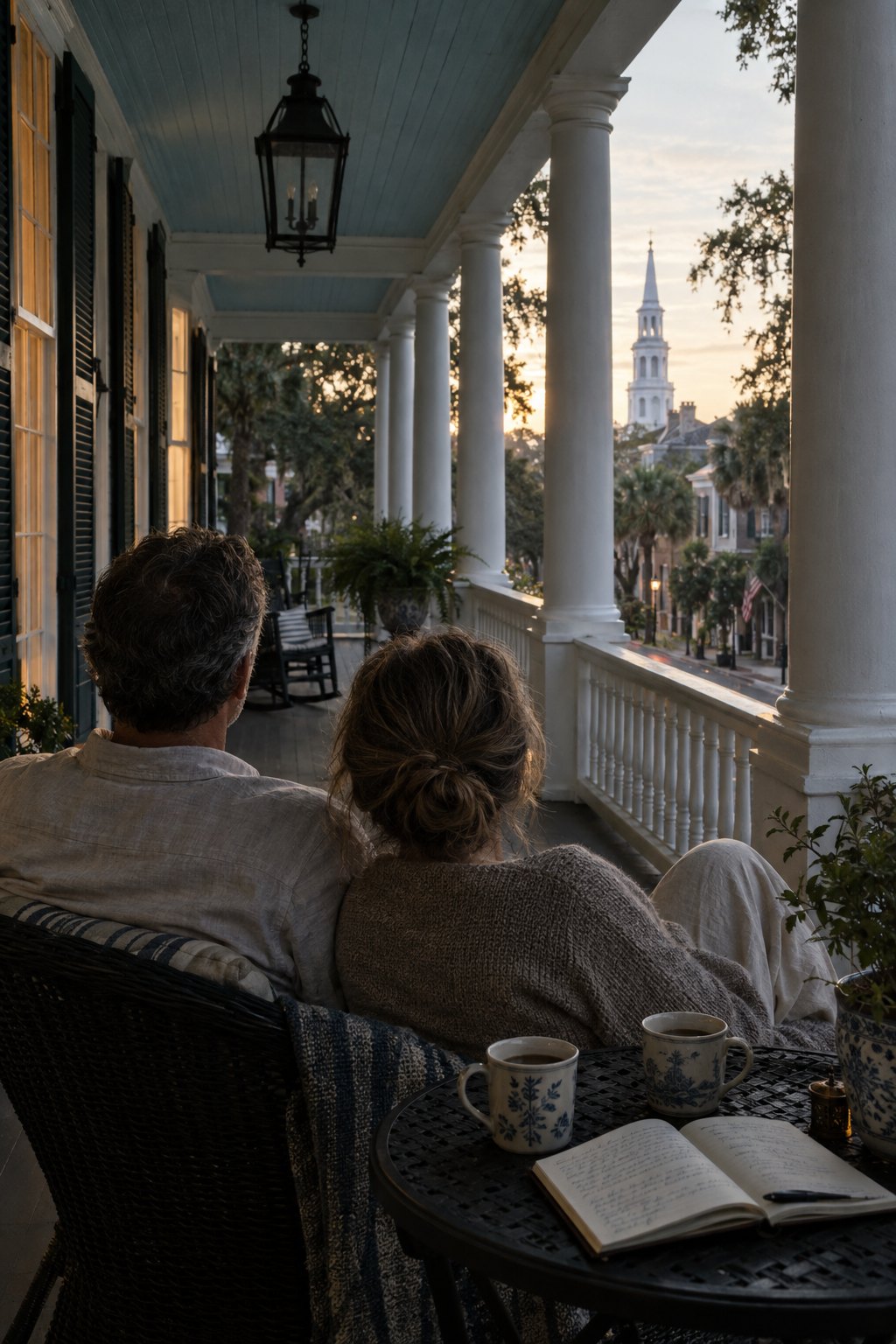 A husband and wife sitting together on a historic Charleston porch in the early morning