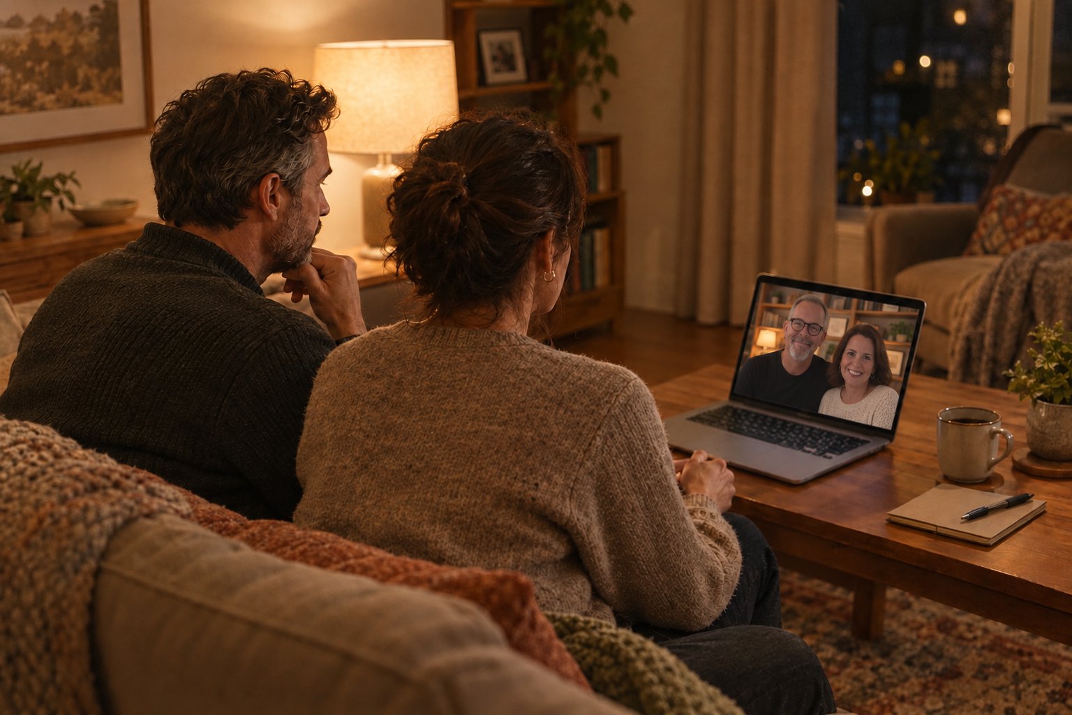 A couple at home on a video counseling session with Chad and Wendy Norris