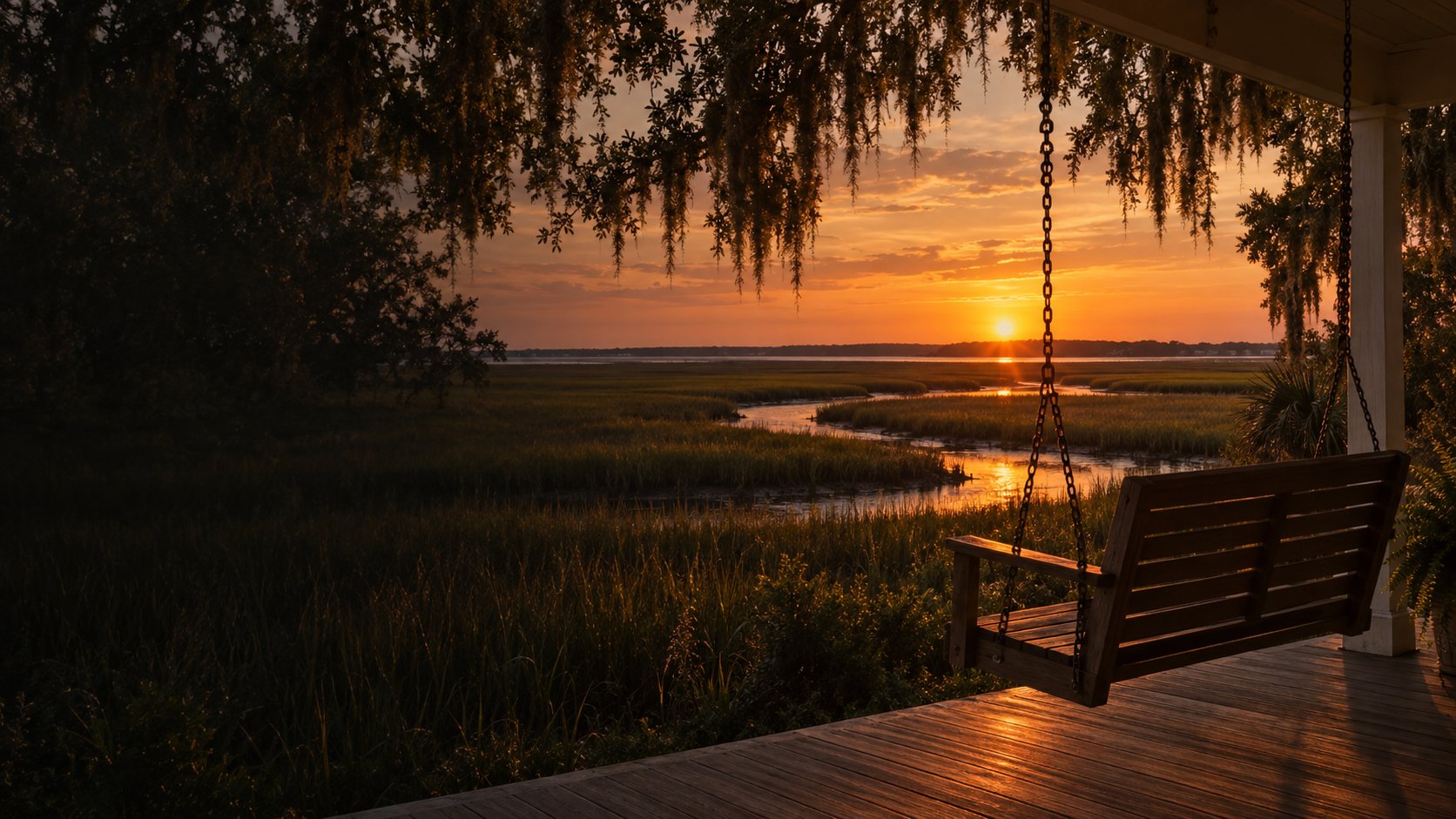 A porch swing overlooking the Charleston marsh at sunset