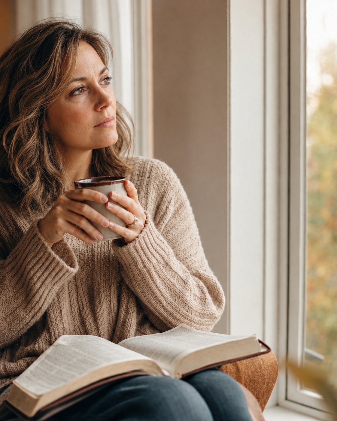 A woman by a window holding coffee, quietly reflecting